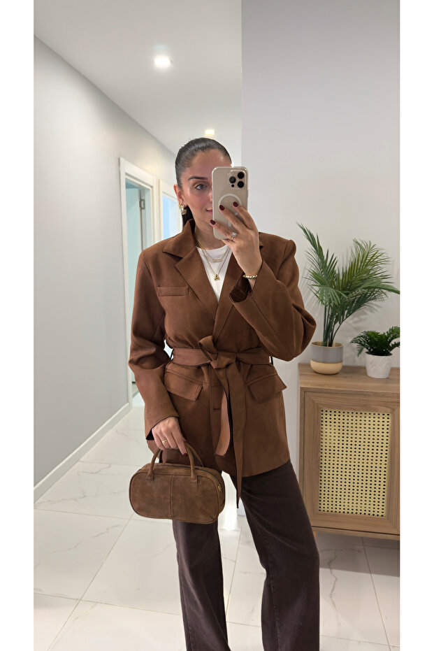 Jachetă din piele intoarsa cu curea Risan Taba - 1