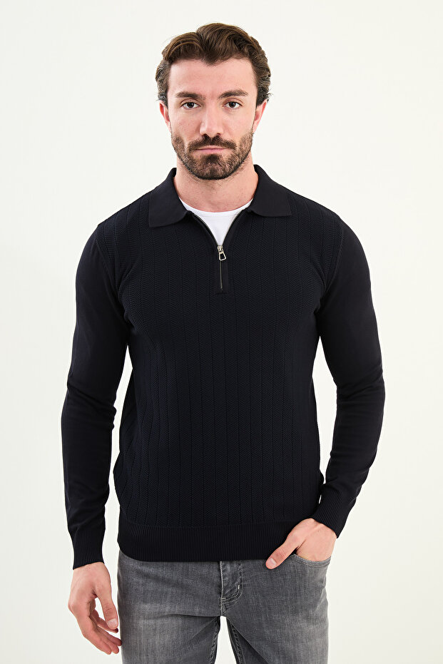 Patterned Slim Fit Polo Neck Zippered Wool Men's Knitwear Sweater Navy Blue - 11570.25K