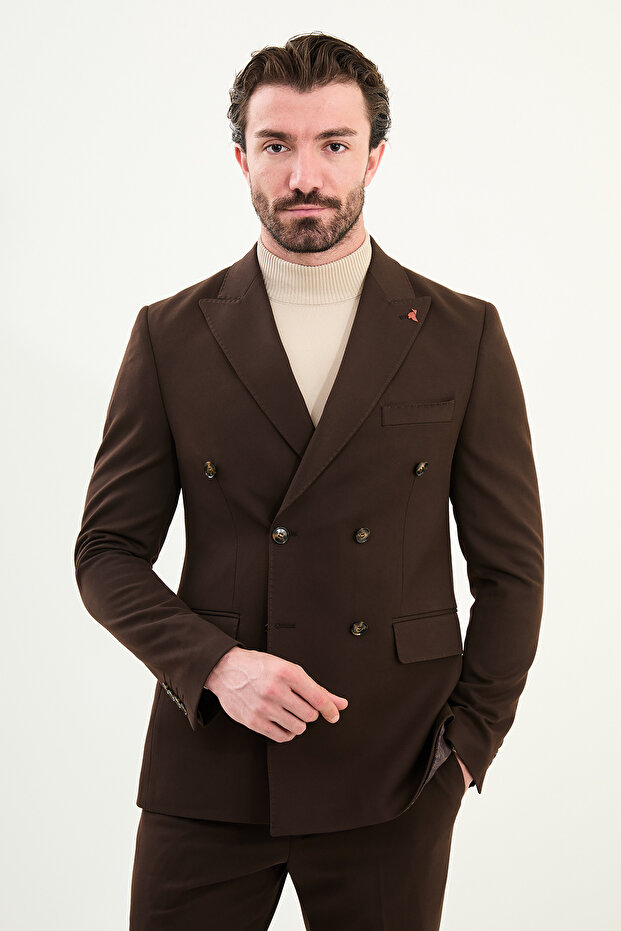 Straight Slim Fit Wide Collar Punto Stitching Double Breasted Men's Suit Dark Brown - 45421.25K