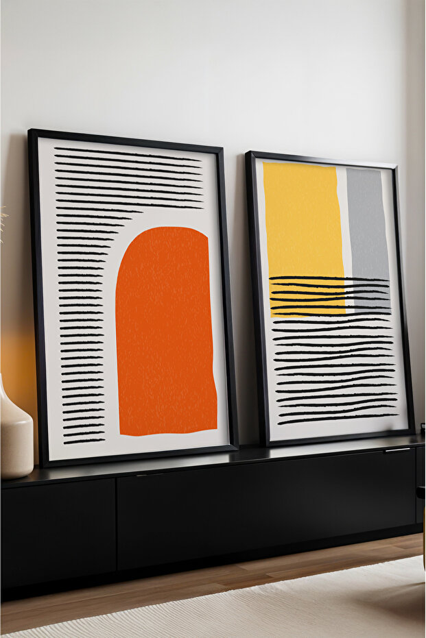 Wooden Black Framed 2 Piece Set Painting Huhu51 - Double Painting Set Black Frame