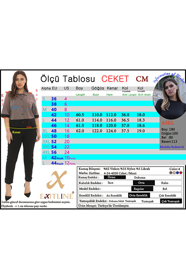 Kadın Mevsimlik Önü Çıt Çıtlı Zarif 3/4 Kollu Şık Ofis Günlük Vizon Ceket - 3