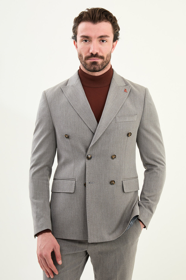 Straight Slim Fit Wide Collar Punto Stitching Double Breasted Men's Suit Gray - 45421.25K
