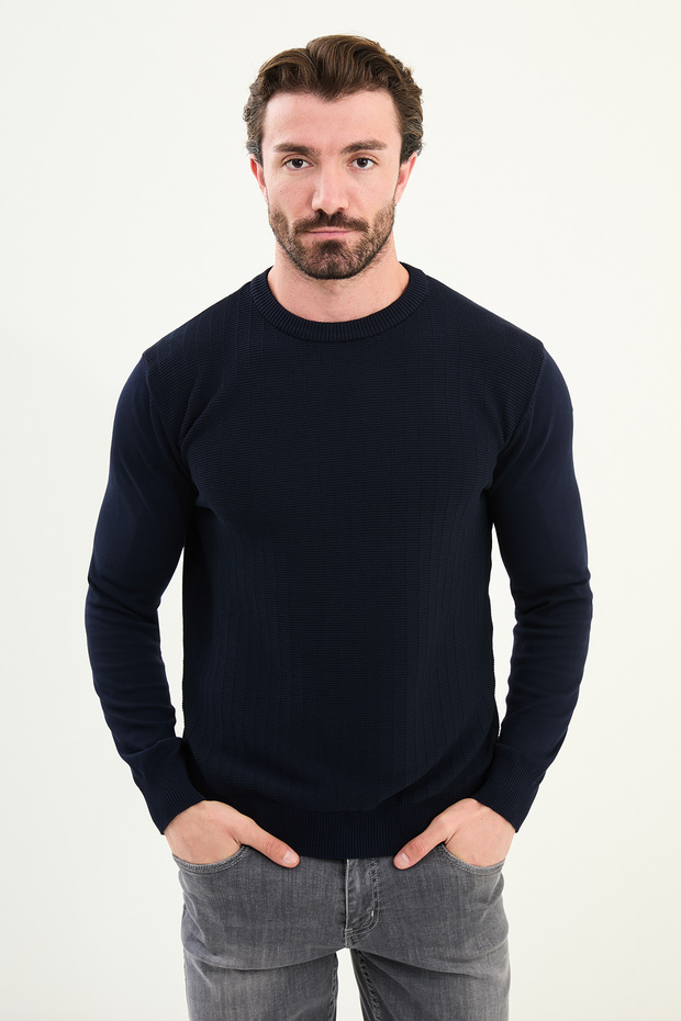 Patterned Slim Fit Crew Neck Men's Knitwear Sweater Navy Blue - 11575.25K