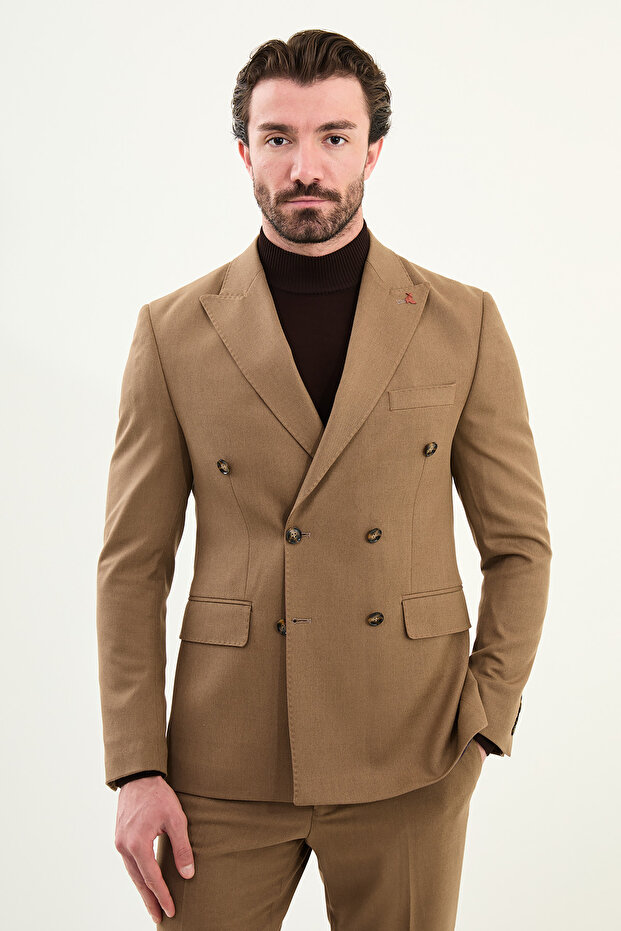 Straight Slim Fit Wide Collar Punto Stitching Double Breasted Men's Suit Camel - 45421.25K