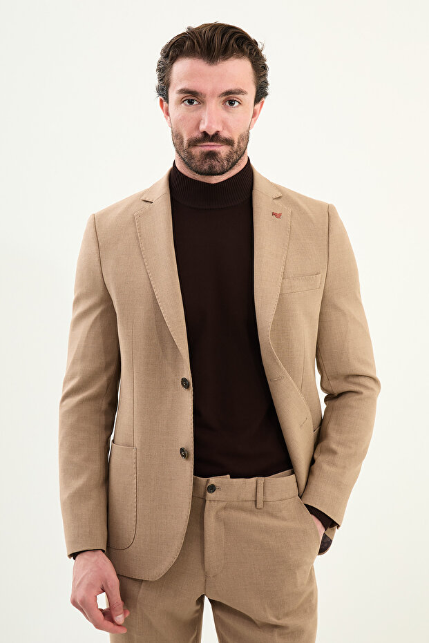 Straight Slim Fit Mono Collar Pocketed Trousers Elasticated Men's Suit Beige - 45411.25K
