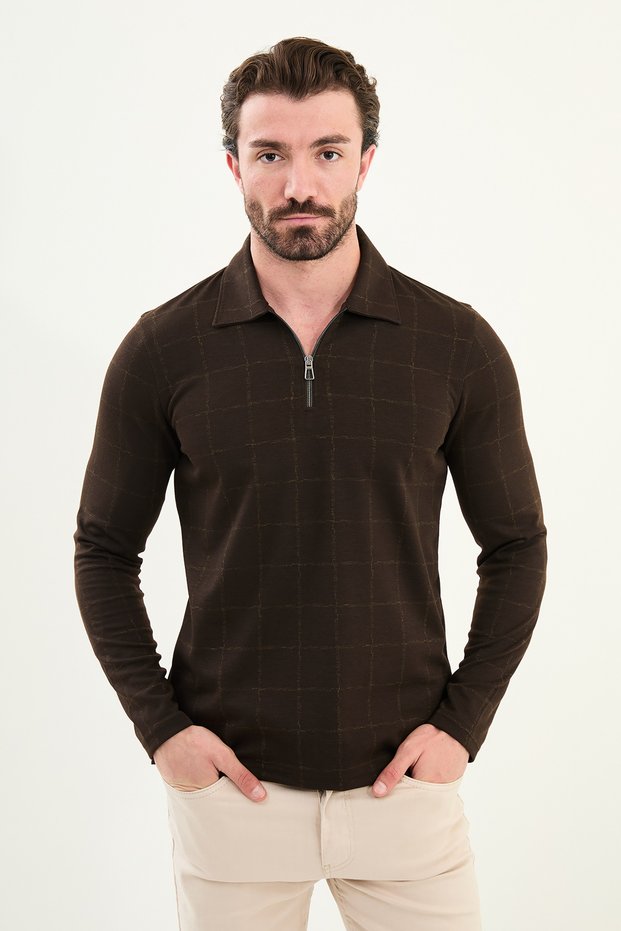 Checkered Slim Fit Polo Neck Zippered Long Sleeve Men's T-Shirt Brown - 36866.25K