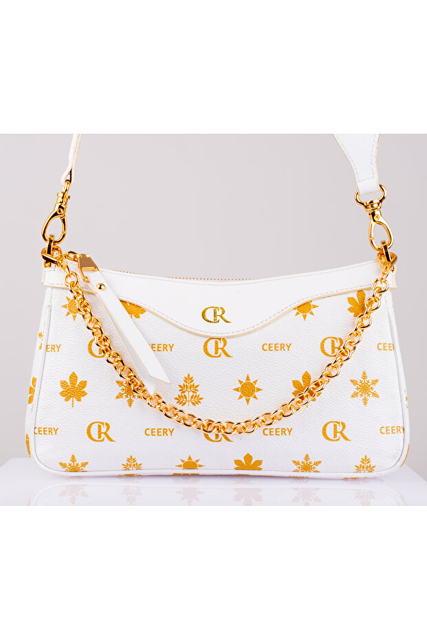 Aura White-Gold Patterned Baguette Bag with Chain Accessories