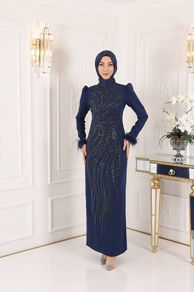 Krep İşlemeli ve Kol Tüy Detaylı Abiye 08 - 1