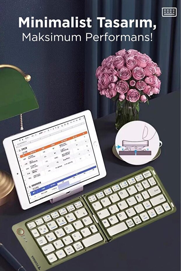 TK-08 Yeşil Kablosuz Katlanabilir Şarjlı Taşınabilir Mini Bluetooth Klavye - 3