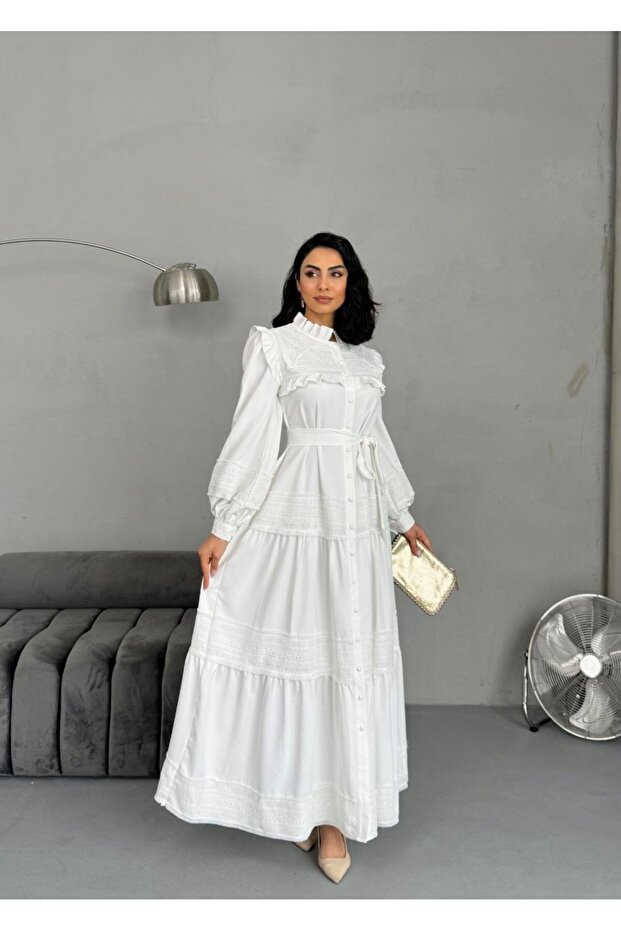 Lace Detailed Lined Belted Atlas Fabric Dress