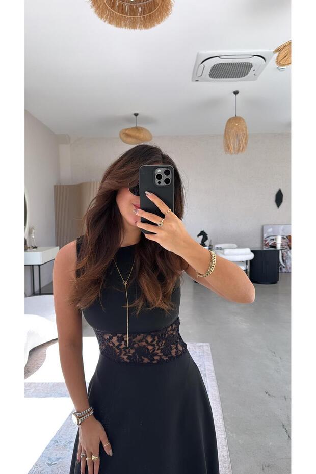 Lace Detailed Maxi Premium Black Dress