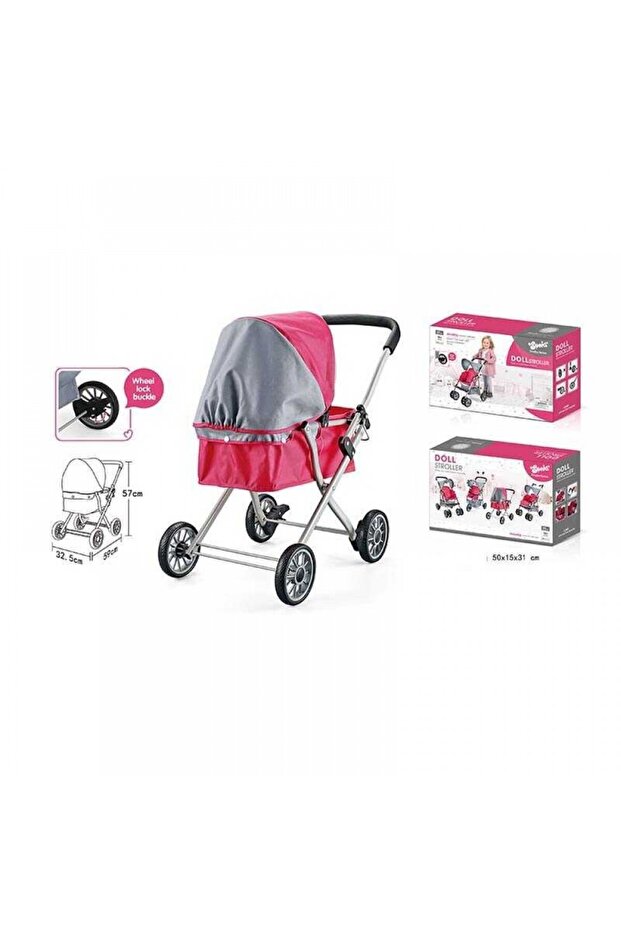 Baby Transport Doll Stroller 617-3B – Pink & Grey Toy Pram with Adjustable Handle (Ages 3+)