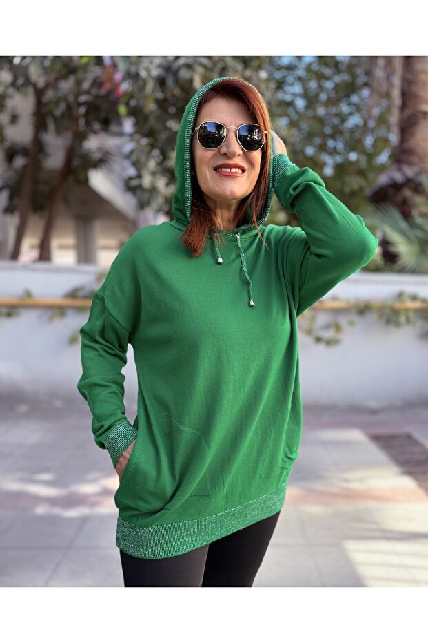 Simli Kapüşonlu Triko Yeşil - 2
