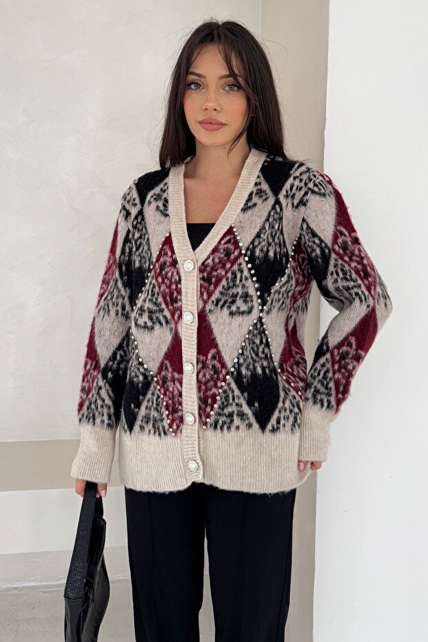 Beige Baklava Pattern Pearl Stone Embroidered Button Detailed Oversize Knit Cardigan