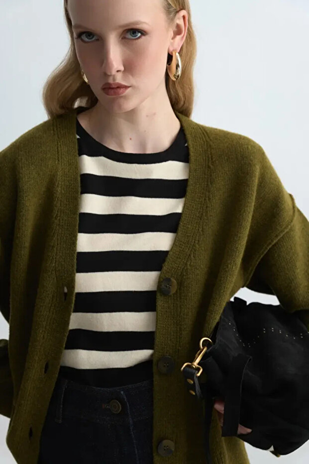 Yünlü Triko Hırka - Haki - 3