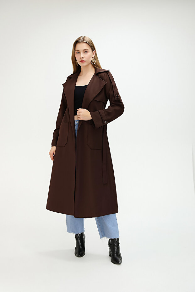 Pocketed Belted Trench Coat - Bitter Brown