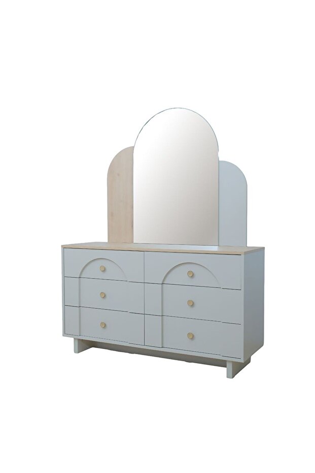 Reena 6 Drawer Dresser with Mirror - Dark Beige/Natural, Engineered Wood, Stylish Bedroom Storage