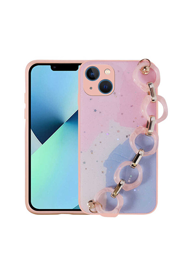 iPhone 13 Compatible Glitter Patterned N7Th Elsa Silicone Case with Hand Strap-Pink - 1