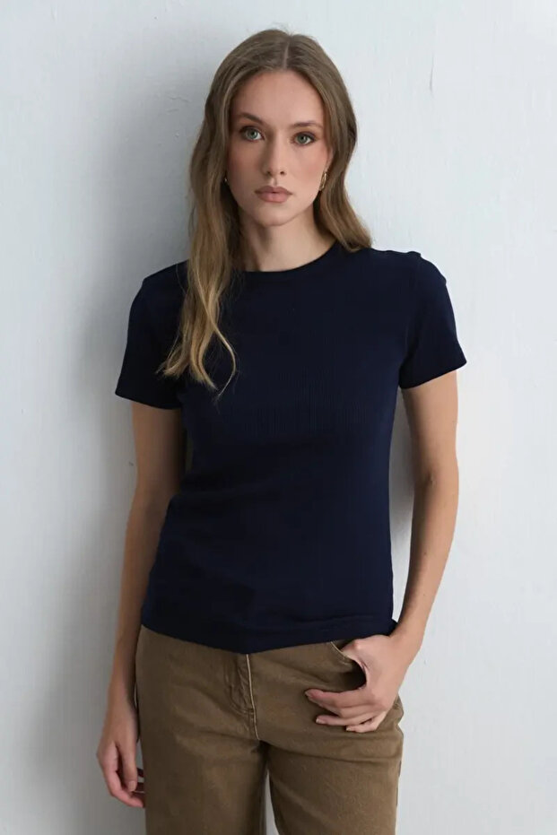 Kısa Kollu Basic Pamuk Tshirt - Lacivert - 1