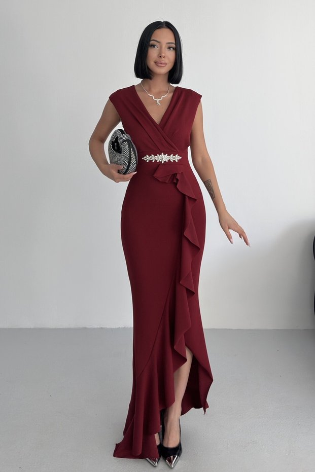 Women's Burgundy Scuba Fabric Double-Breasted Neck Ruffled Evening Graduation Wedding Dress