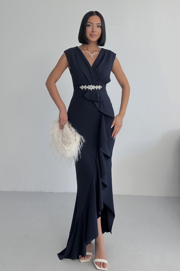 Women's Black Scuba Diving Fabric Double Breasted Collar Skirt Flounce Evening Dress Graduation Wedding Dress