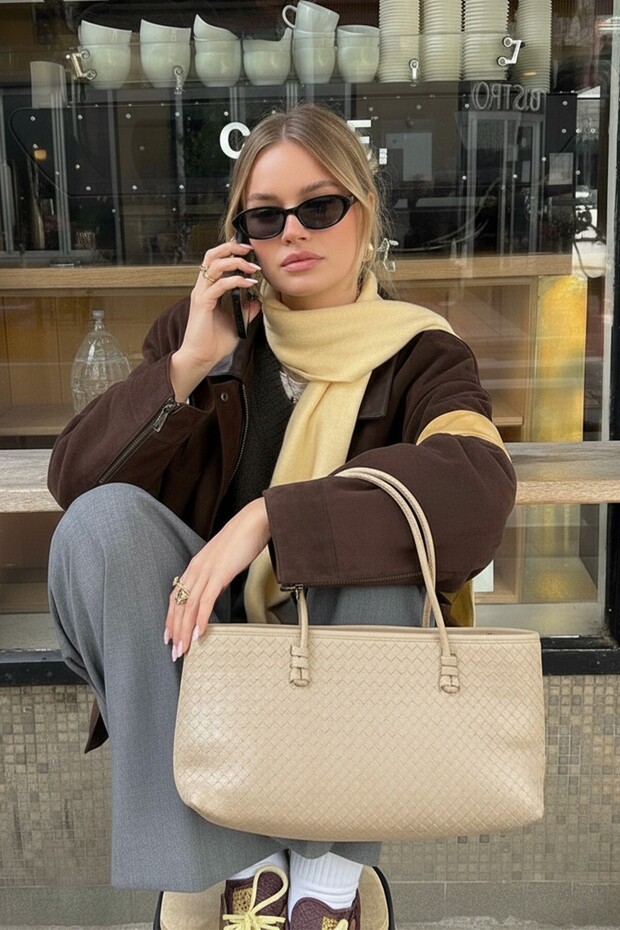 Women's Loven Long Tote Bag Beige Braided