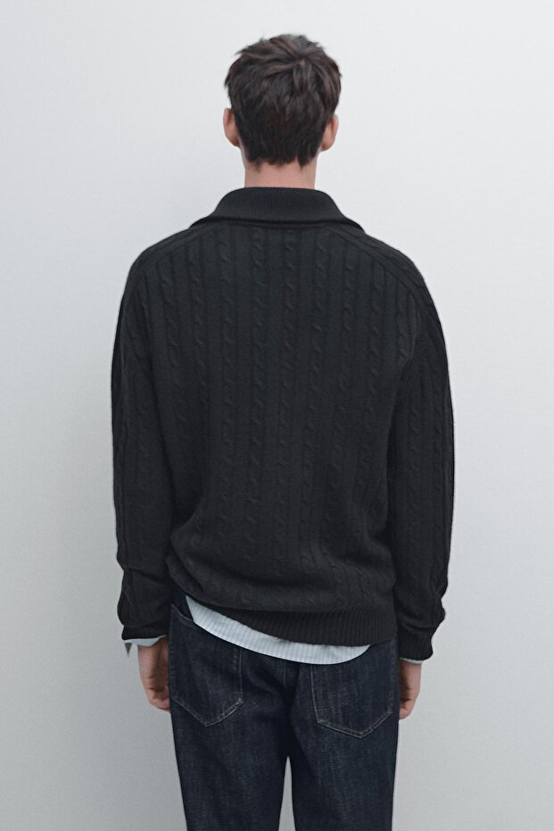 %100 yün saç örgülü fermuarlı hırka - 3