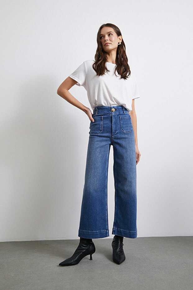 Cep Ve Düğme Detaylı Wide Leg Jean Mavi - 1