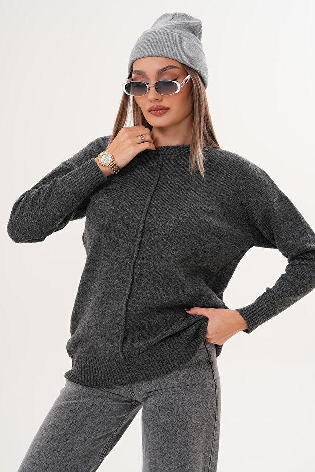 Kadın Çimalı Şardonlu Triko Örme Kazak 255165 - - 4