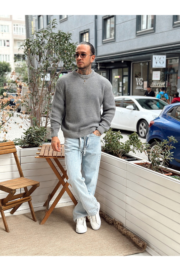 Oversize Basic Örme Sweatshirt Gri - 2