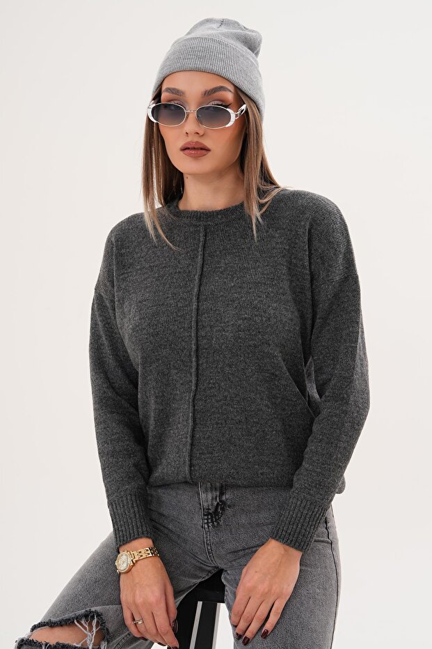 Kadın Çimalı Şardonlu Triko Örme Kazak 255165 - - 1