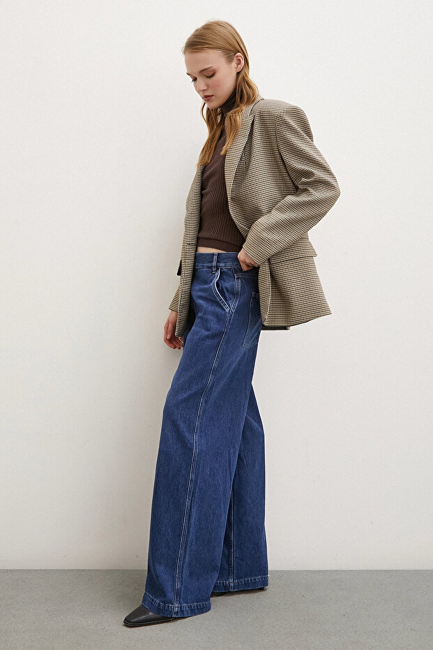 Yüksek Bel Geniş Paça Jean Mavi - 2