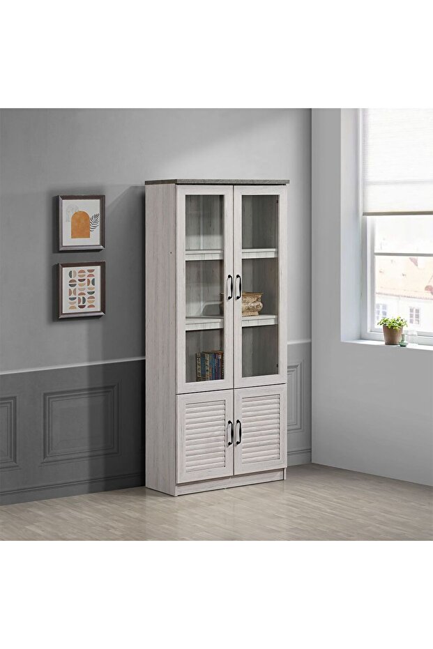 Zenith 2-Door Glass Bookcase - White Oak & Cement - Stylish Storage Cabinet with 2-Year Warranty