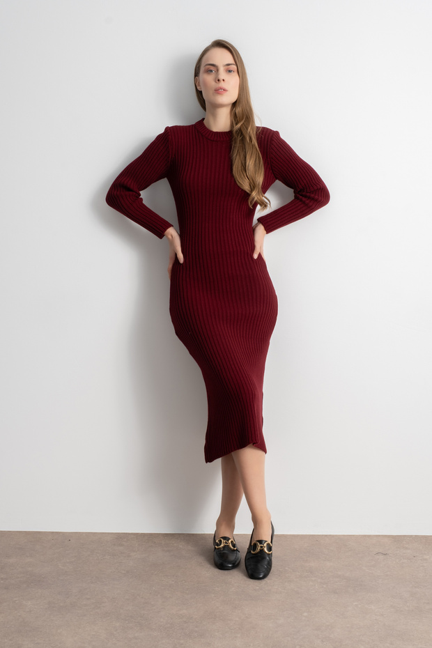 Women's Ribbed Long Knit Dress – Burgundy