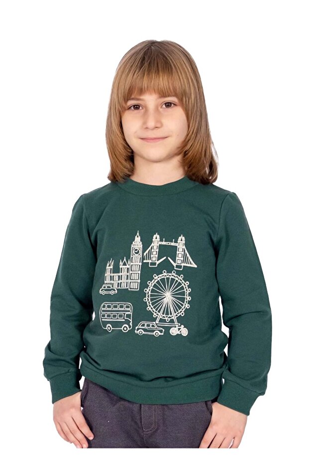 Organic Cotton London Printed Winter Boys' Sweatshirt Green