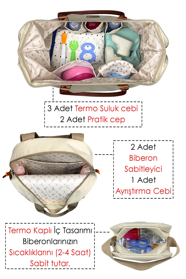 Baby Bag Bebek Bakım Kadın Omuz Çantası + Popi Anne Kadın Sırt Çantası Termos Çanta Hediye-Bej - 5