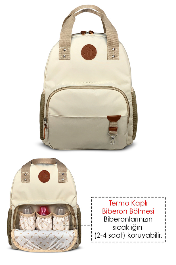 Baby Bag Bebek Bakım Kadın Omuz Çantası + Popi Anne Kadın Sırt Çantası Termos Çanta Hediye-Bej - 3