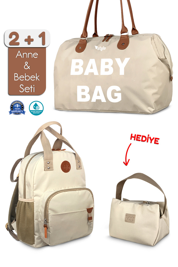 Baby Bag Bebek Bakım Kadın Omuz Çantası + Popi Anne Kadın Sırt Çantası Termos Çanta Hediye-Bej - 1
