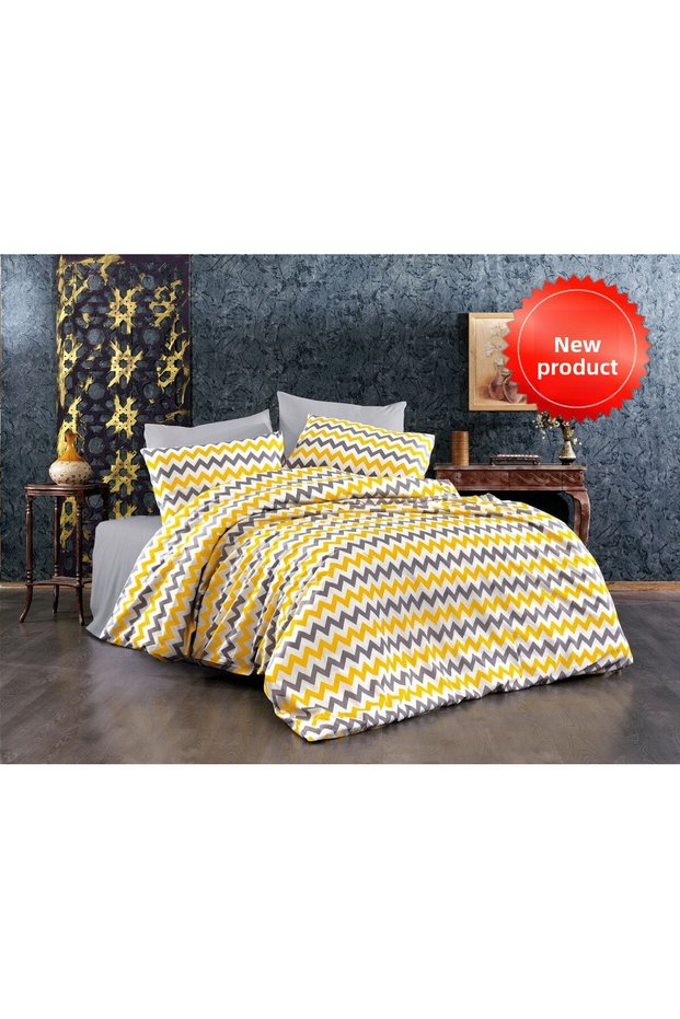 Youth Room and Children's Room Yellow Gray Zigzag Pattern Single Duvet Cover Set with Elastic Sheets