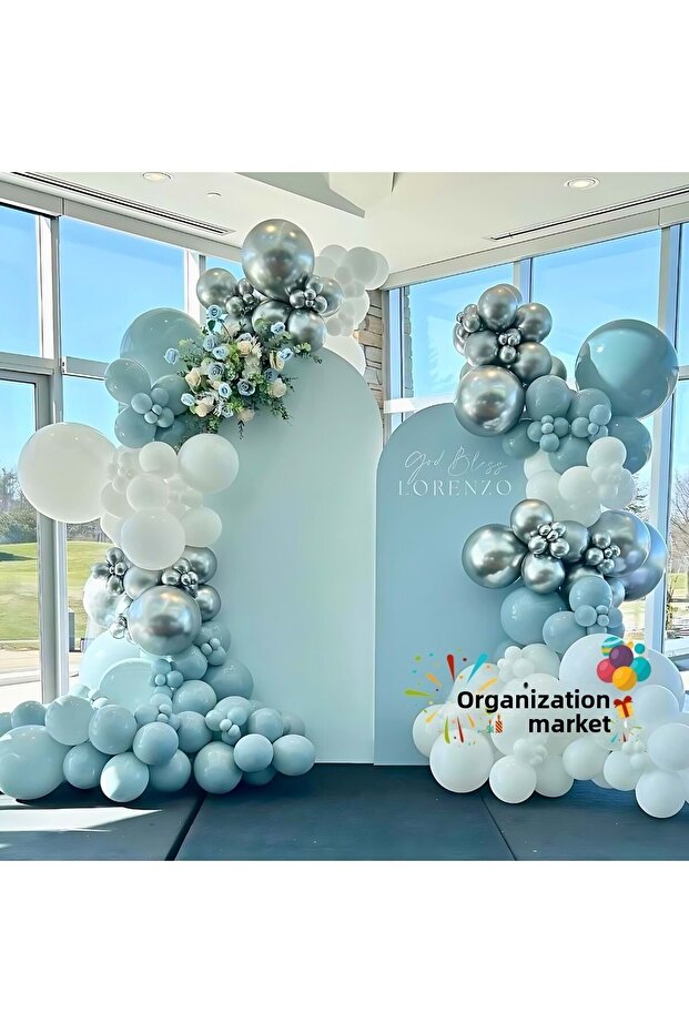 Balloon Set Storm Blue-White-Chrome Silver 100-Piece Balloon Chain Set