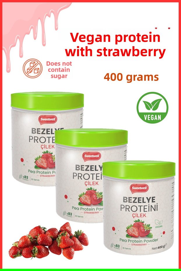 Strawberry Flavored Vegan Pea Protein Powder 400 Gr X 3 Pieces - Contains 83% Protein Pae Protein Powder