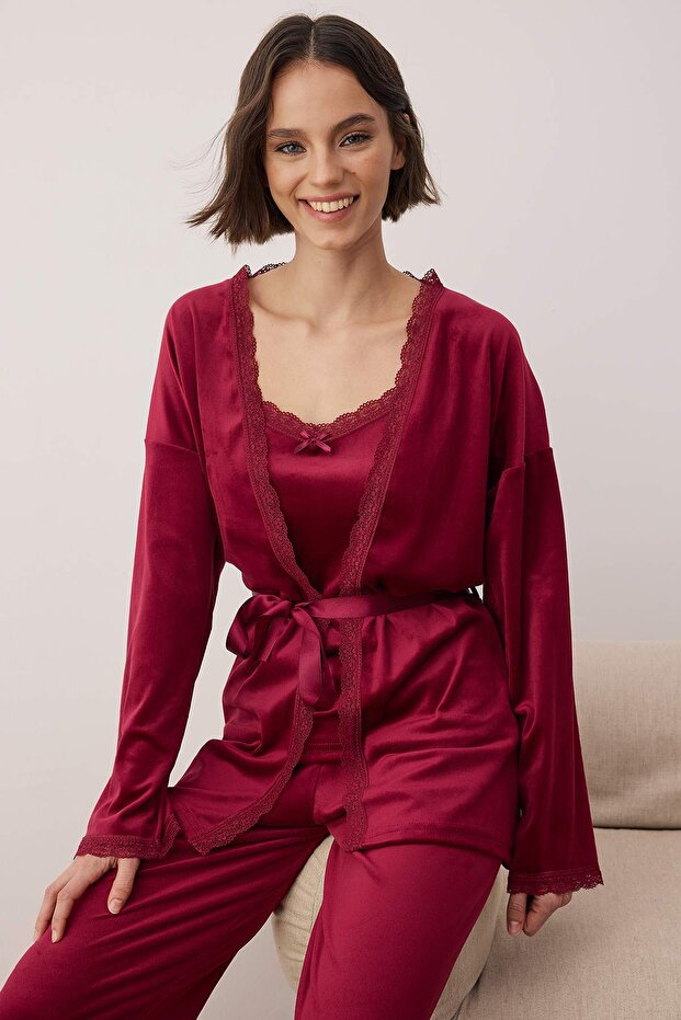 Bordo 3'lü Çeyiz Seti Dantel Detaylı Kadife Örme Sabahlık+Pijama Takımı THMAW26PT00191 - 1