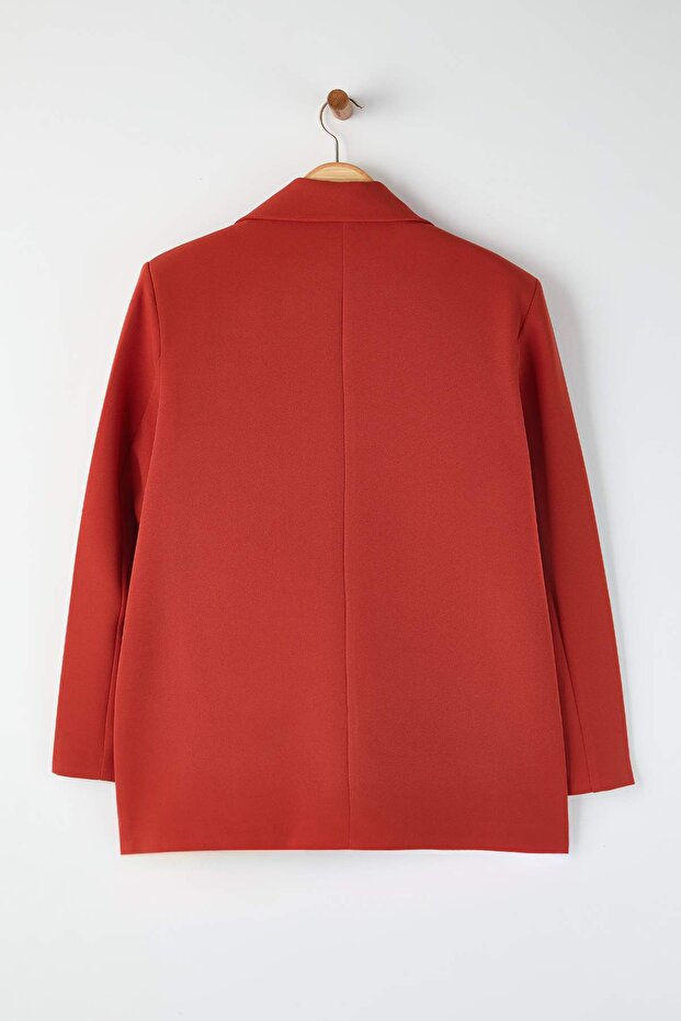 Bordo Kiremit Oversize Düz Kesim Basic Kruvaze Dokuma Blazer Ceket TWOSS24BC00028 - 10