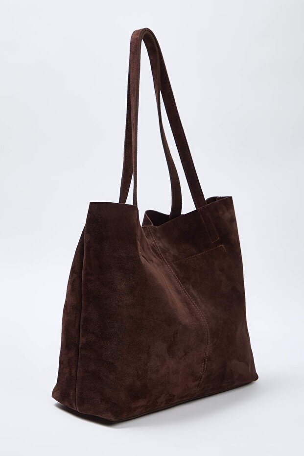 Koyu Kahverengi Premium Hakiki Deri Süet Kadın Maksi Boy Omuz Çantası TAKAW26OC00041 - 2