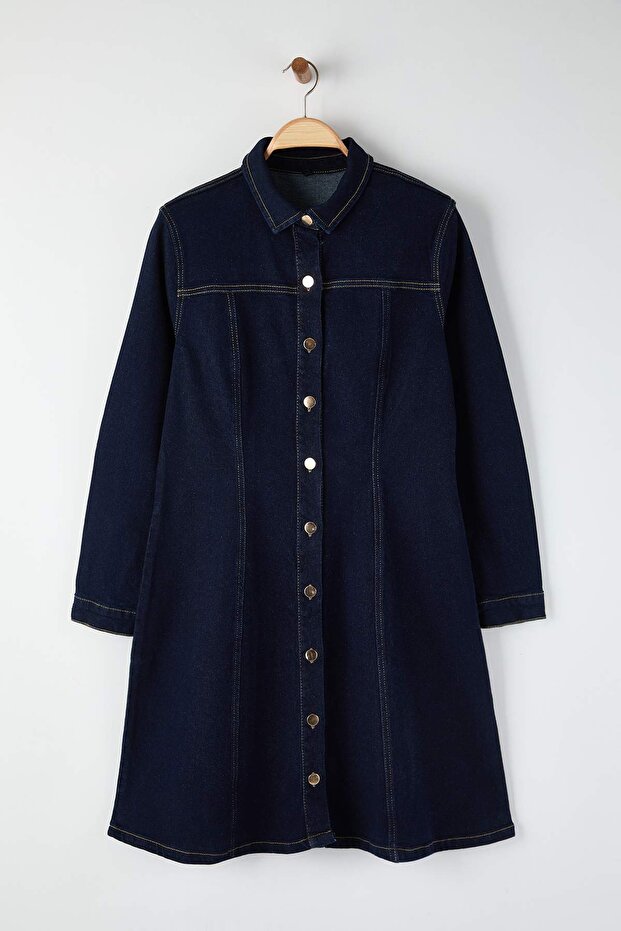 Mavi A-Line Esnek Denim Büyük Beden Elbise TBBAW26AH00056 - 5