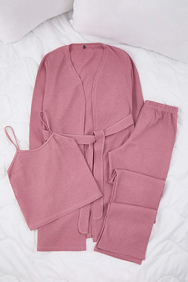 Gül Kurusu 3'lü Paket Pamuklu Fitilli Örme Pijama Takımı THMAW26PT00215 - 5