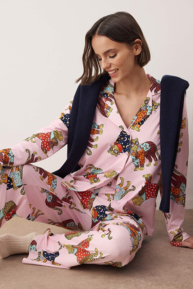 Pembe %100 Pamuklu Kaplan Baskılı Örme Pijama Takımı THMAW26PT00202 - 1