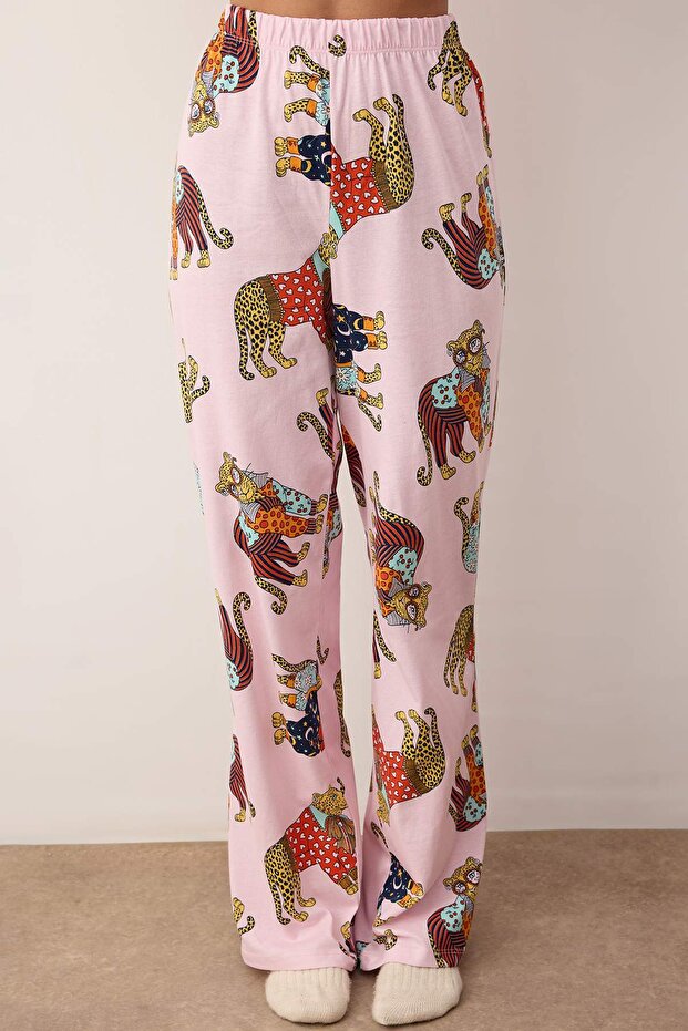 Pembe %100 Pamuklu Kaplan Baskılı Örme Pijama Takımı THMAW26PT00202 - 3