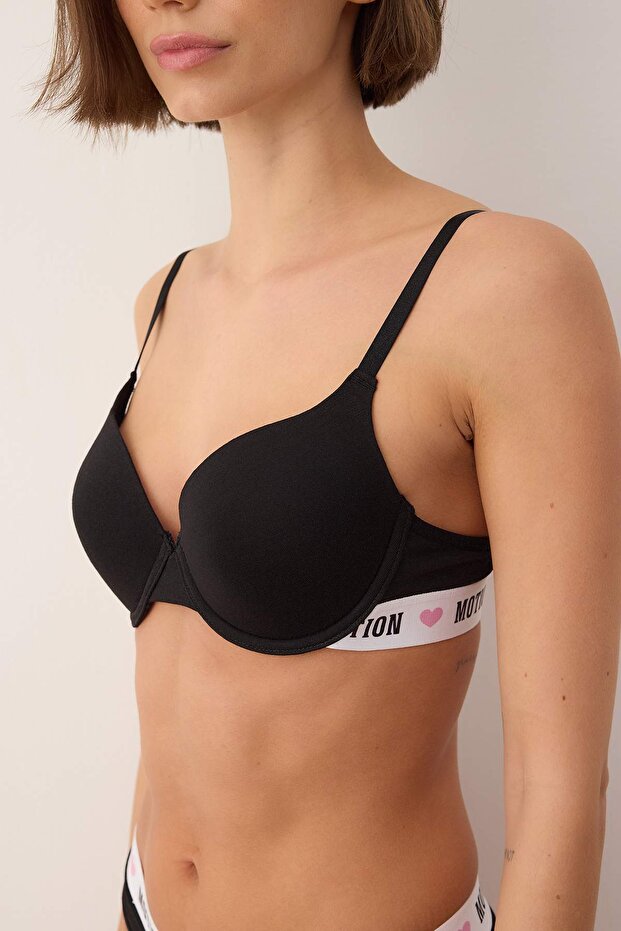 Siyah Pamuklu Lastikli Slogan Kaplı T-Shirt Bra Örme Sütyen THMAW26SU00013 - 3