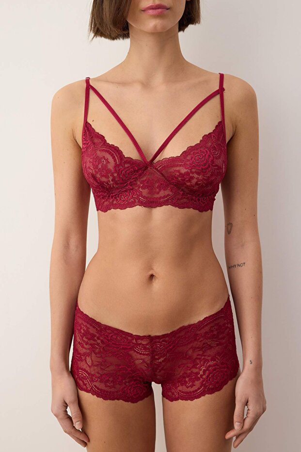 Bordo Tül Detaylı Dantel Kapsız Örme İç Çamaşırı Takımı THMAW26CC00021 - 4